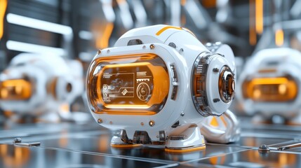Poster - Futuristic robotic device with transparent display and orange accents, set in a high-tech environment showcasing advanced technology and design innovation in a modern laboratory.