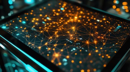 Aufkleber - Futuristic control panel displaying an intricate network of interconnected nodes, visualizing data flow and complex manufacturing processes in a high tech environment