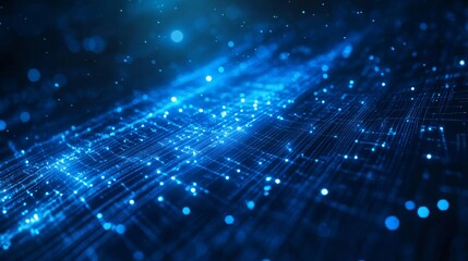 Fototapete - This is a captivating and visually stunning background that features dynamic blue light rays and an array of particles, making it ideal for themes related to science and technology and innovation