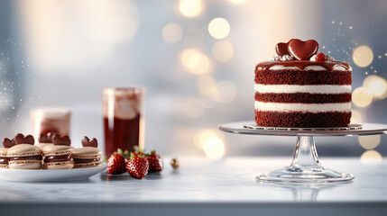 Wall Mural - A beautifully arranged dessert table featuring a red velvet cake, macarons, strawberries, and a chocolate drink, all set against a softly blurred background.