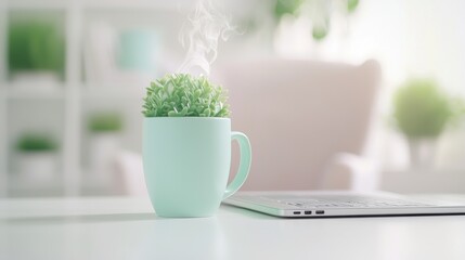 Poster - A cozy work from home desk bathed in natural light, featuring a laptop, a steaming mug of coffee, and a comfortable armchair in the background, evoking a relaxing and productive atmosphere.