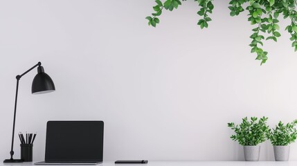 Poster - A minimalist desk setup against a white wall, featuring a black laptop, a black desk lamp, and a black notebook, creating a bold and sophisticated contrast while maintaining a clutter free