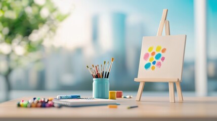 Poster - A brightly lit creative workspace with a large wooden desk overflowing with paintbrushes, colorful markers, sketchbooks, and a half finished painting on an easel, capturing the vibrancy and energy of