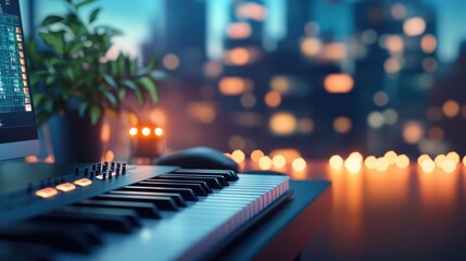 Poster - A creative workspace with a desk surrounded by musical instruments, including a guitar, a keyboard, and a microphone, reflecting the passion and dedication of a musician or music producer.