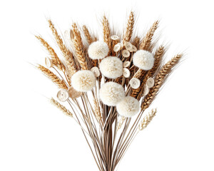 Dried floral arrangement with wheat and natural elements, white isolated background.