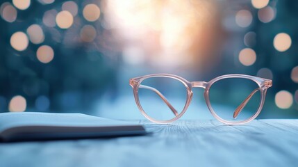 Poster - A student desk in a library, featuring a laptop, a book propped open on a stand, and a pair of reading glasses, conveying a sense of academic pursuit and quiet concentration.