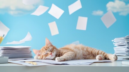 Poster - A cluttered desk with a cat sprawled out comfortably amidst the papers and folders, adding a touch of humor and warmth to the scene.
