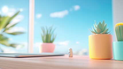Poster - A desk with a wooden tabletop, adorned with a collection of small cacti and succulents in colorful pots, bringing a touch of the desert and a bohemian vibe to the workspace.