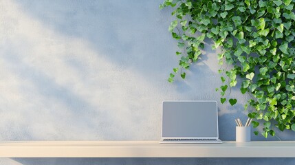 Poster - A desk with a trailing ivy plant cascading down from a shelf, adding a touch of nature and tranquility to the work area.