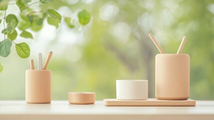 Poster - A close up shot of a well organized desk with a variety of desk accessories, including a pen holder, a desk organizer, a stapler, and a tape dispenser, emphasizing orderliness and efficiency.