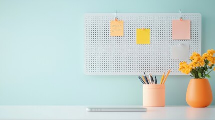 Poster - A desk with a pegboard above it, displaying notes, reminders, and inspirational quotes, alongside small storage containers and hooks for hanging items.