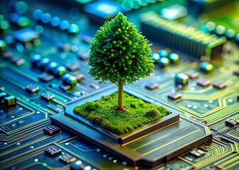 Poster - Miniature Tree Sprouting from Microchip on Circuit Board - Macro Photography