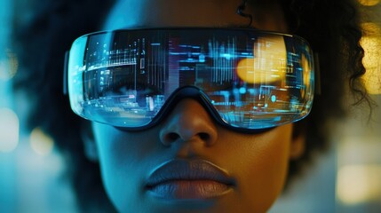 Poster - black female engineer analyzing holographic data with augmented reality glasses in a futuristic manu