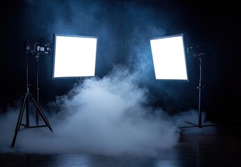 Poster - Dynamic studio illumination, dual light boxes on stands, ethereal smoke and fog against a dark backdrop, creating a captivating atmosphere