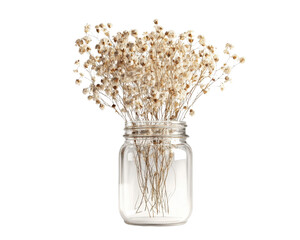 Dried flowers in a jar on a white isolated background.