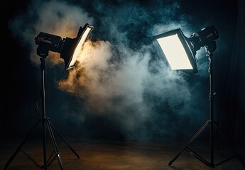 Poster - Dynamic studio lighting arrangement, featuring dual light stands, a softbox, dark backdrop, ethereal smoke effect, creating an atmospheric ambiance