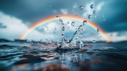 Poster - A panoramic view of a double rainbow over a stormy ocean, with crashing waves and dark clouds contrasting against the colorful arc, showcasing the power and beauty of nature.