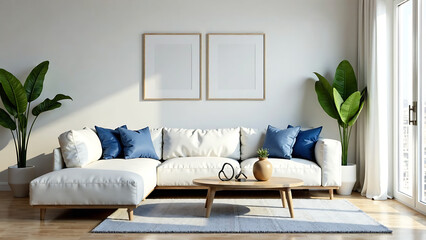 Wall Mural - Modern living room with white sectional sofa, blue accents, and wooden coffee table new image