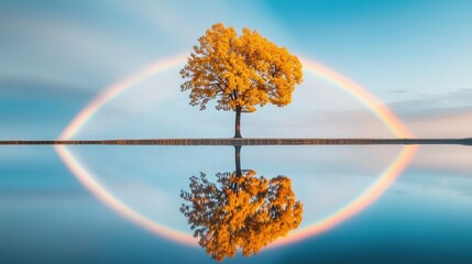 Poster - A double rainbow appearing over a vast plain, with the colorful arcs mirrored in a calm lake below, showcasing the beauty of symmetry in nature.