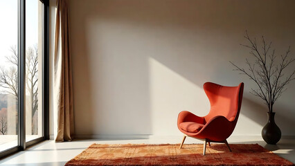 Wall Mural - Japandi, minimalist interior design of modern living room with red stylish armchair against door. new image