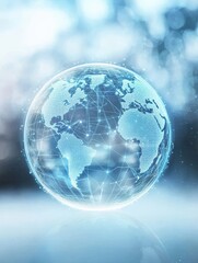 Poster - An abstract light blue hologram of the entire world encapsulated within a glass sphere, symbolizing global connectivity along with the rapid advancements in technology that we are experiencing today
