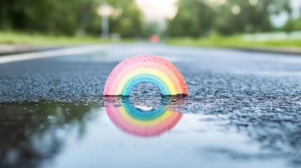 Poster - A rainbow s colors reflected in a rain puddle on the pavement, creating a vibrant and ephemeral splash of color amidst the urban environment.