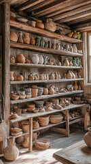 Wall Mural - A rustic pottery barn with shelves of clay pots, vases, and sculpting tools