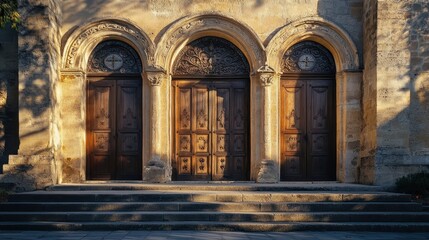 Wall Mural - A Romanesque church façade with wooden doors intricate stone carvings and the setting sun casting shadows across the steps