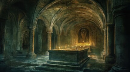 Wall Mural - An old crypt with tall arches and a carved stone altar lit by faint candlelight with walls lined with Christian symbols