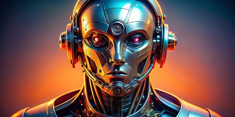 Poster - Minimalist Close-Up: Futuristic Robot Head, Chrome Detail, Artificial Intelligence