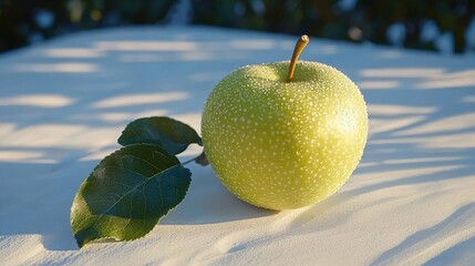 Wall Mural - Fresh green apple with leaves on a light surface, sunny outdoor setting.