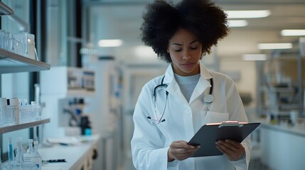 Aufkleber - Focused Female Scientist in Laboratory Holding Clipboard, Engaged in Research with Laboratory Equipment and Glassware, Wearing White Coat and Stethoscope