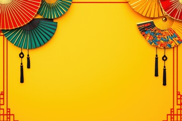 Poster - A vibrant yellow background adorned with colorful decorative fans, creating a festive and artistic atmosphere.