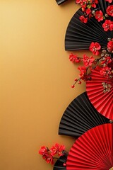 Poster - Elegant red and black fans adorned with flowers against a shimmering gold background, creating a vibrant and artistic display.