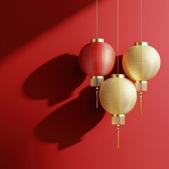 Poster - Three decorative lanterns in red and gold hang against a vibrant red wall, casting soft shadows and creating a warm, inviting ambiance.