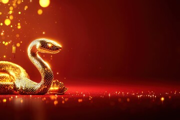 Poster - Chinese New Year 2025, A shimmering golden snake rests on a vibrant red background, surrounded by glowing particles, creating a magical and captivating atmosphere.