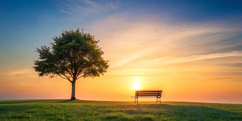 Wall Mural - Minimalist Park Bench, Lone Tree, Sunset Sky - Peaceful Nature Scene