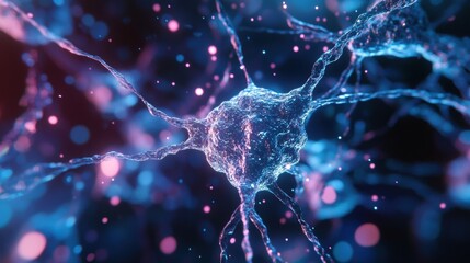 Poster - Neuron transmitting signals in nervous system, creating complex network of communication within brain, enabling cognitive functions and bodily actions