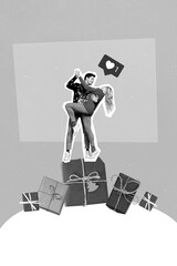 Poster - Vertical collage picture of two black white colors people hug dance stand big gift package like notification isolated on creative background