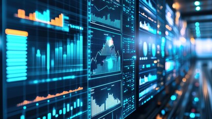 Poster - Displaying multiple digital screens with graphs and data visualizations for real time monitoring and analysis of a complex manufacturing process in a high tech control room