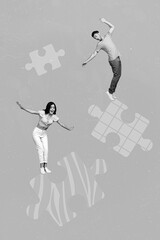 Aufkleber - Artwork magazine collage picture of funny funky lady guy walking jumping jigsaw elements isolated drawing background