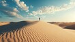 © visual artstock - Woman walking desert dune, sunset sky, sand texture, travel adventure.