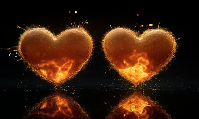 Sticker - Two fiery hearts on a black background. Hearts of flame and sparks. 14 February. Valentine's Day