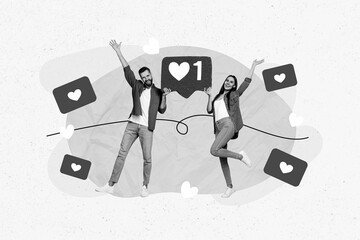 Poster - Creative collage picture of two excited cheerful people hold big like notification painted heart isolated on drawing background