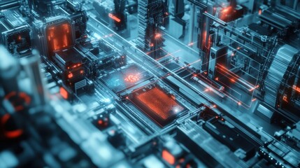 Poster - complex electronic components are being manufactured on a futuristic circuit board, glowing with red