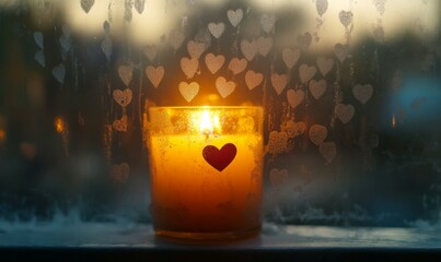 Sticker - Warm candlelight glowing behind a frosted glass window etched with tiny heart shapes