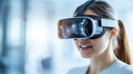 Poster - Woman Engaged in Virtual Reality Experience Wearing Headset in a Modern Setting with Futuristic Elements and Technology