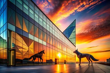 Poster - Modern Fox Architecture: Geometric Building Facade with Fox Silhouette Detail