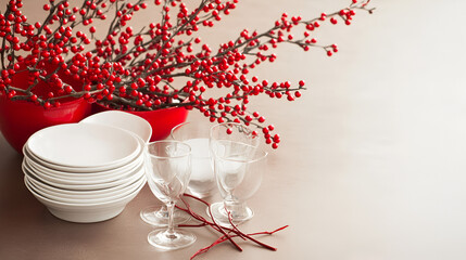 A red new year decoration table was shot from high angle. A stack of white ceramic dish, glasses and some red flower branches displayed on. Blank space for design and adding text