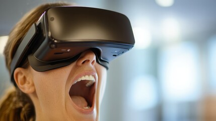 Poster - Woman Engaged in Immersive Virtual Reality Experience with Headset and Focused Expression in a Modern Tech Environment